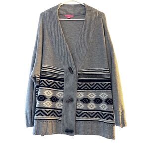 Woman Within Gray Fair Isle Toggle Cardigan‎ Sweater Plus 1X 22/24 Shawl Collar